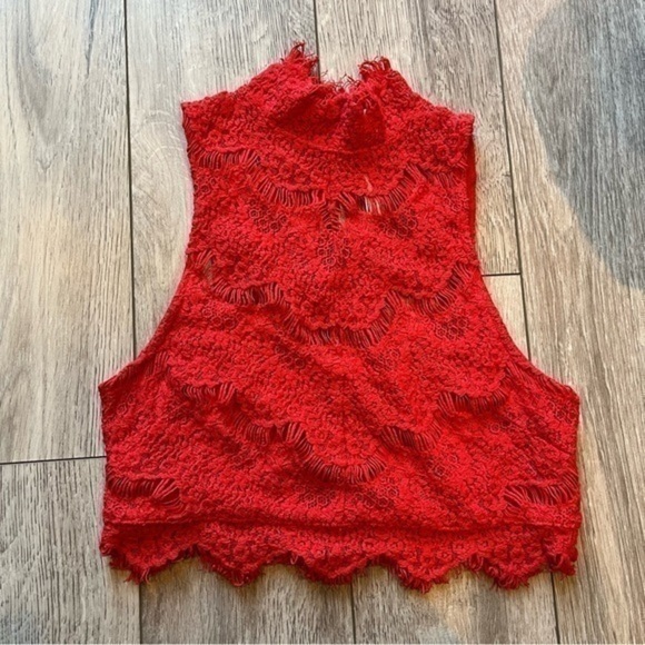 Free People Red Lace High Neck Top - Picture 1 of 6